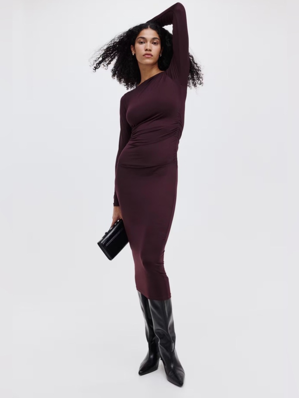 H&M Long Sleeve Bodycon Midi Dress in Burgundy S New - Picture 1 of 6